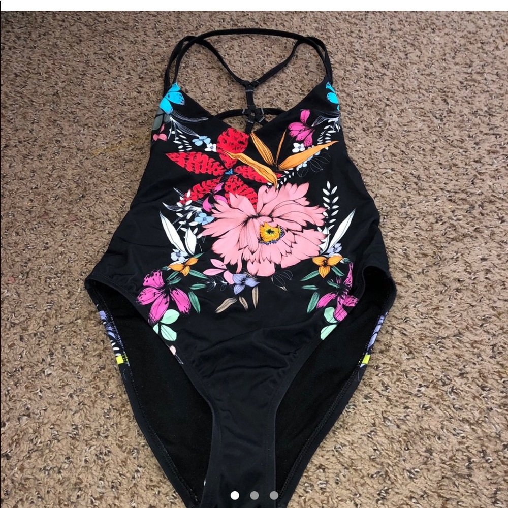 Black Floral Urban Outfitters One Piece Swim Suit